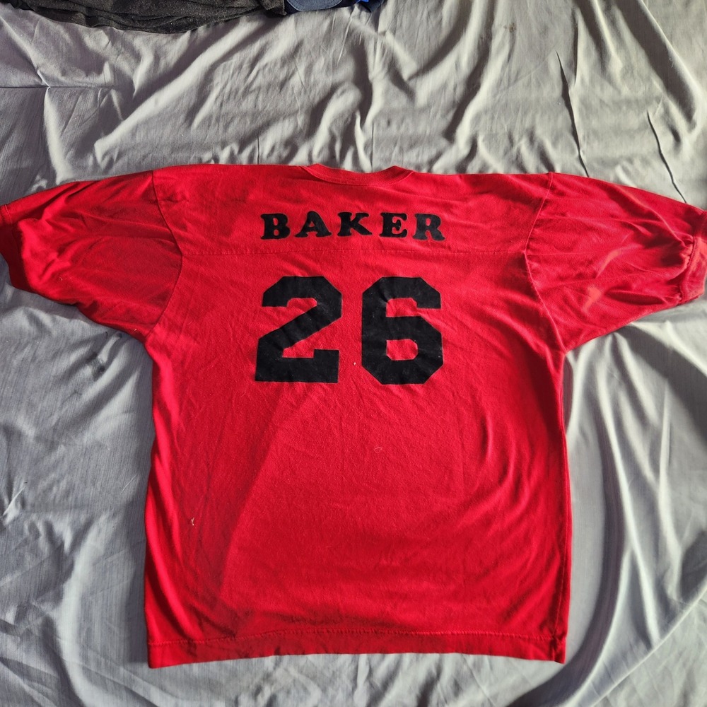 Vintage Football Jersey T-Shirt M Red Baker 26 Shelley USA Made Sports Tee